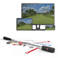 TruGolf mini simulator swing stick and how it appears on different sized displays; shown here with a computer, tablet, and phone